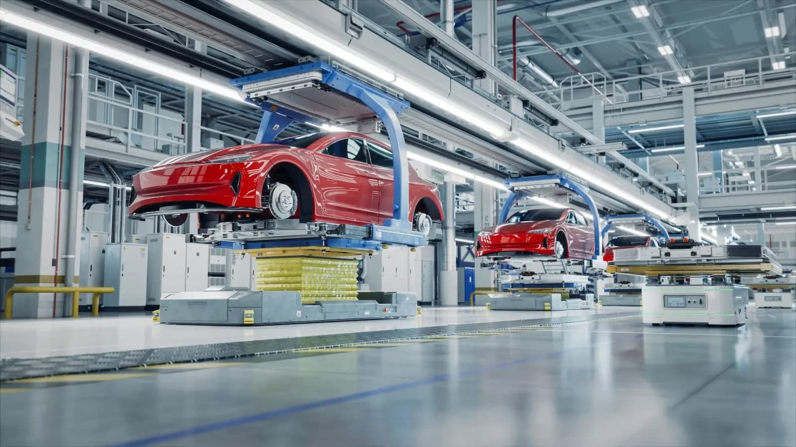 Red vehicle body shells suspended over automated guided vehicles on a factory floor, mid transfer along the assembly line
